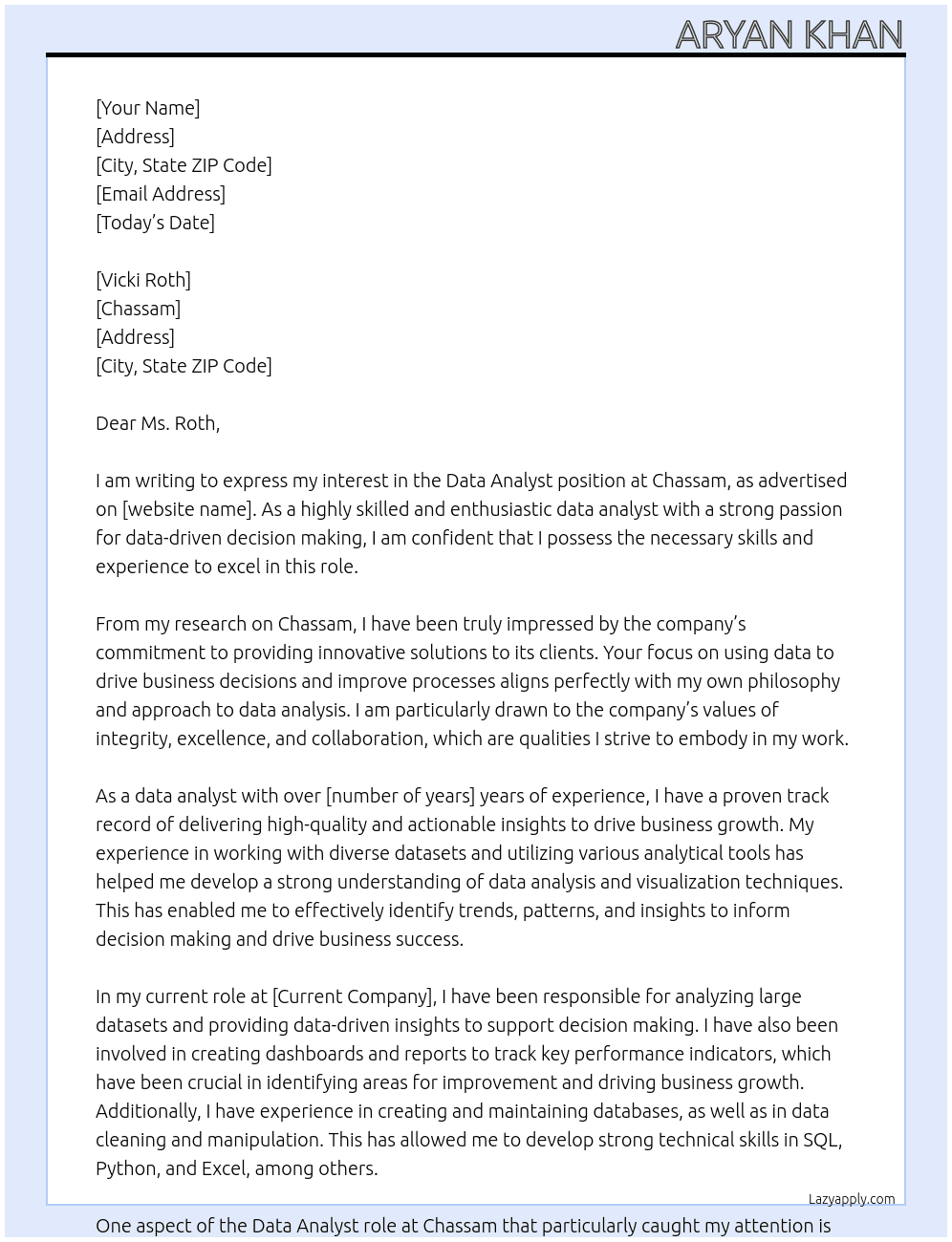 Data Analyst At chassam Cover Letter