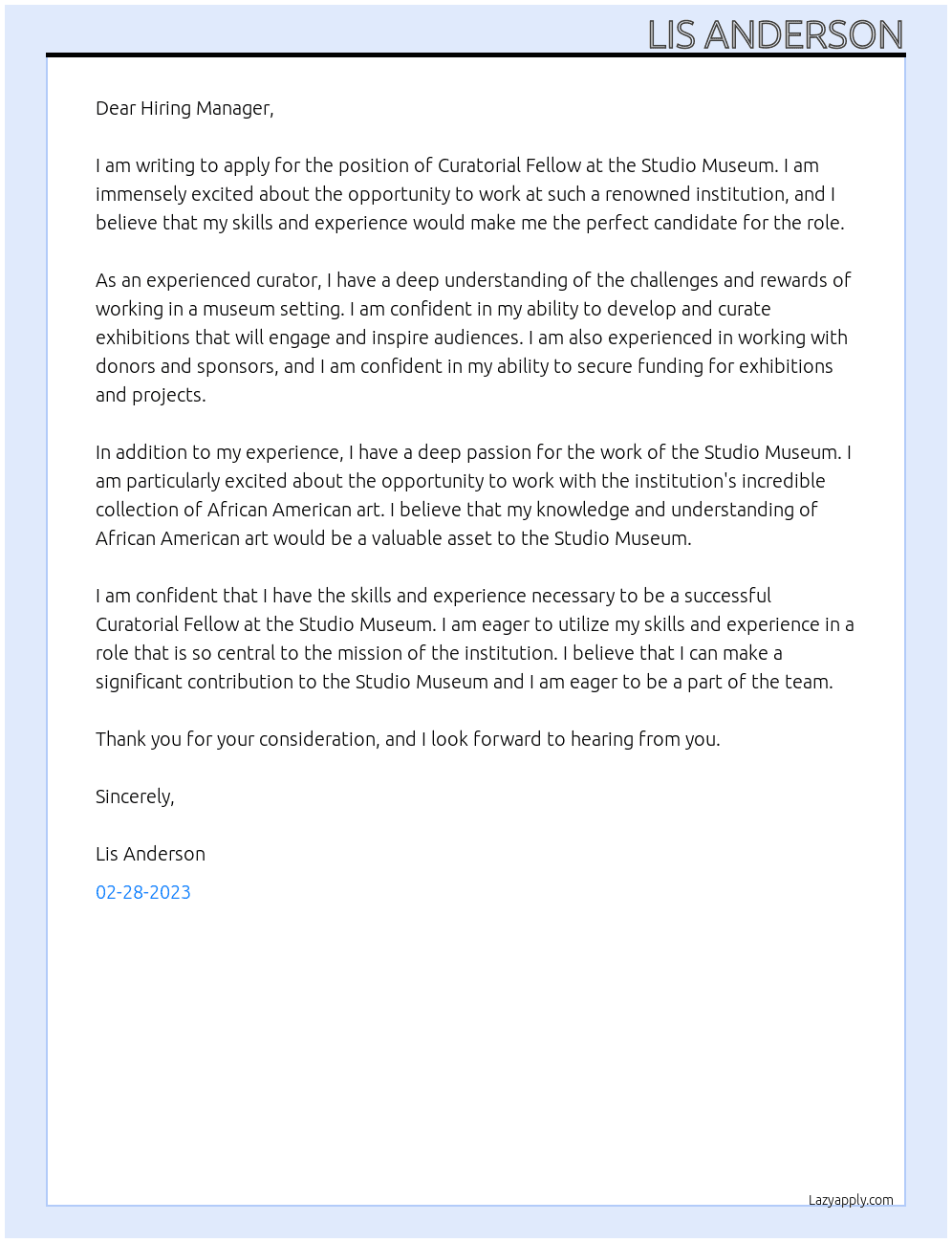 Curatorial fello At studio museum Cover Letter