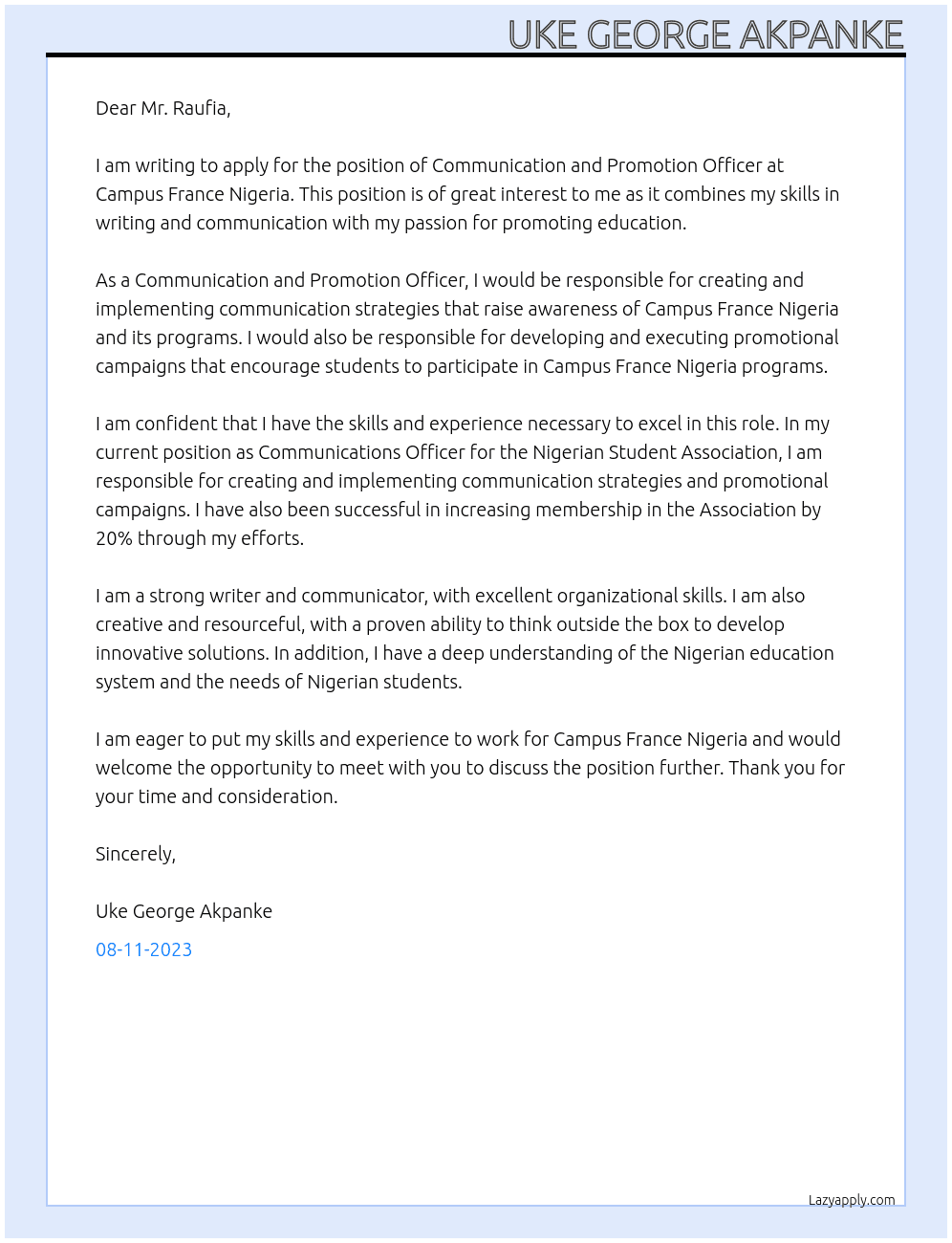 Communication and promotion officer  At Campus France Nigeria  Cover Letter