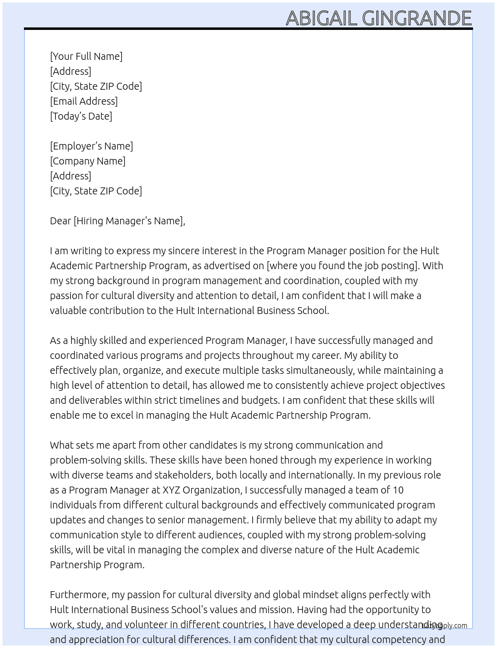 Program Manager - Hult Academic Partnership Program At Hult International Business School Cover Letter