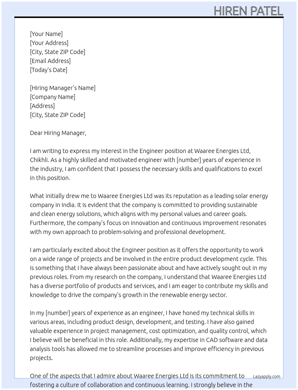 Engineer At Waaree Energies ltd,chikhli Cover Letter