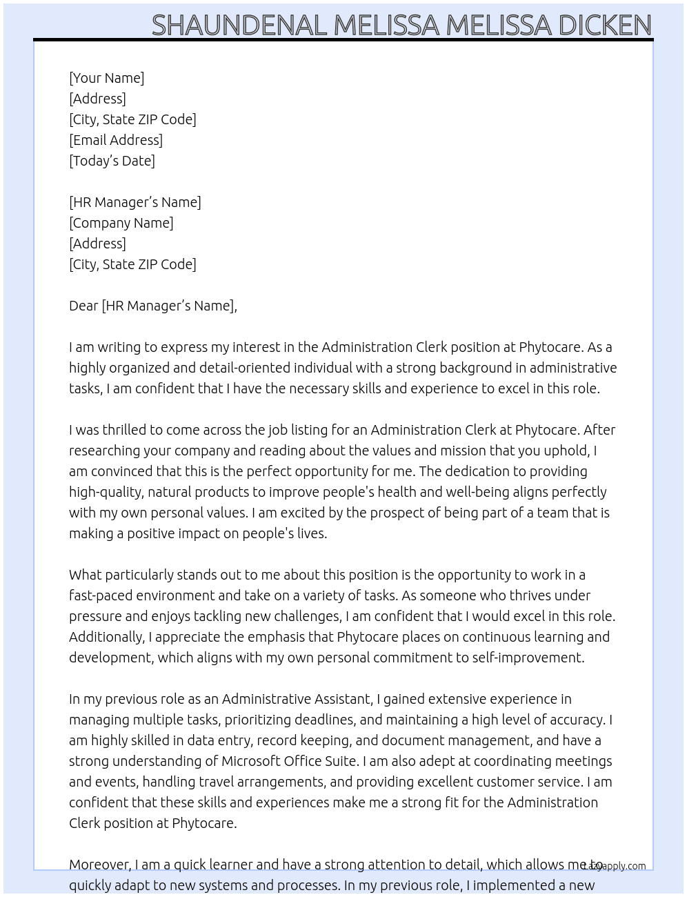 Administration Clerk  At Phytocare  Cover Letter