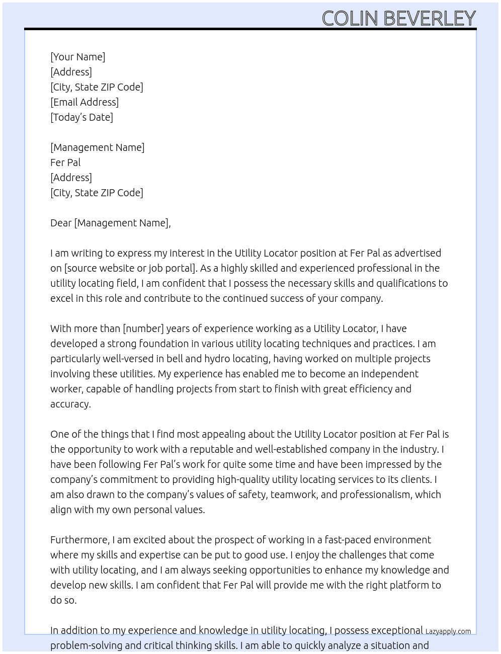 Utility locator  At Fer Pal Cover Letter