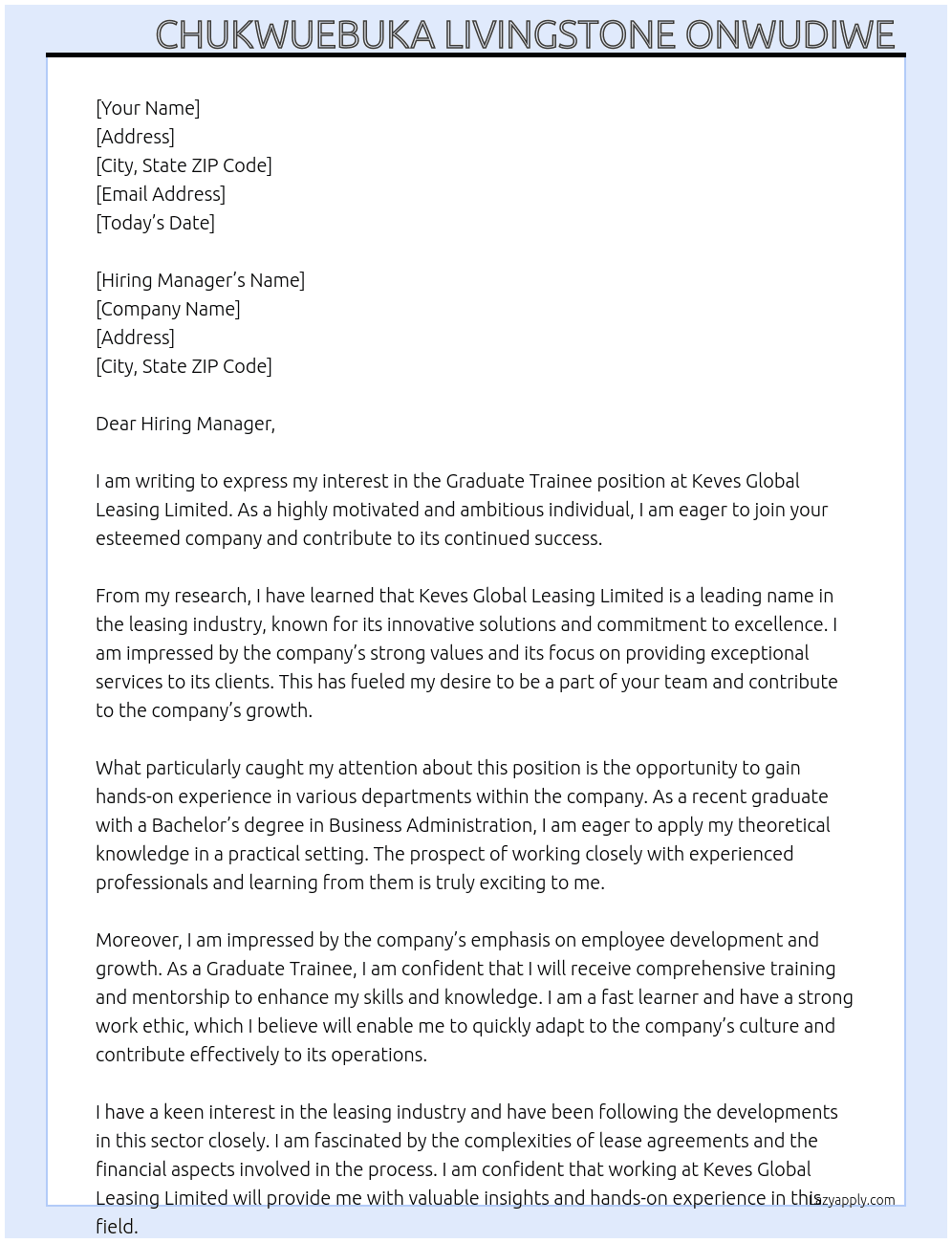 Graduate Trainee At Keves Global Leasing Limited  Cover Letter