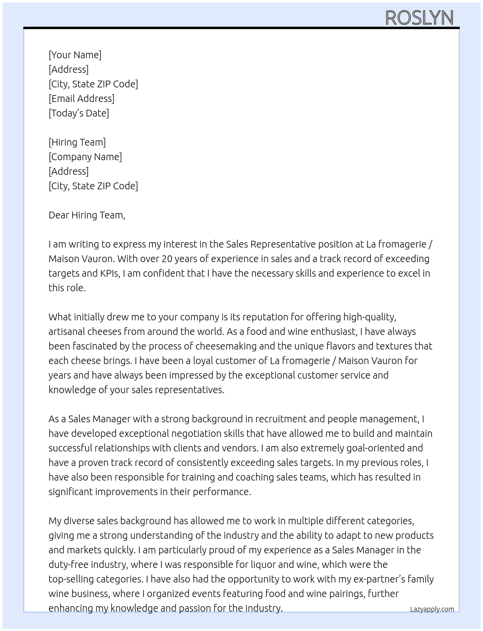 Sales representative  At La fromagerie / Maison Vauron Cover Letter