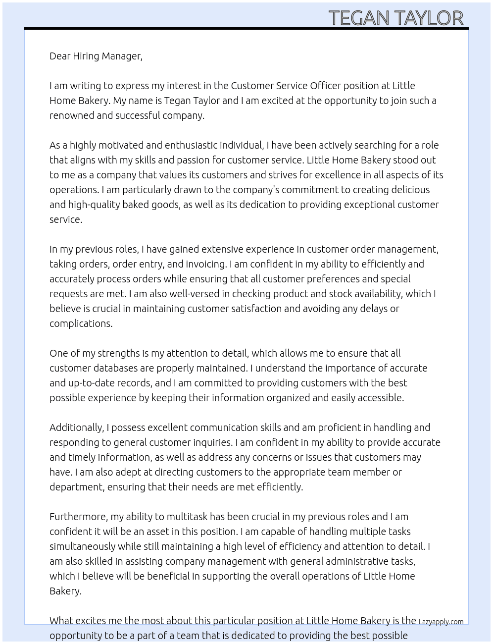 Customer Service Officer  At Little Home Bakery Cover Letter