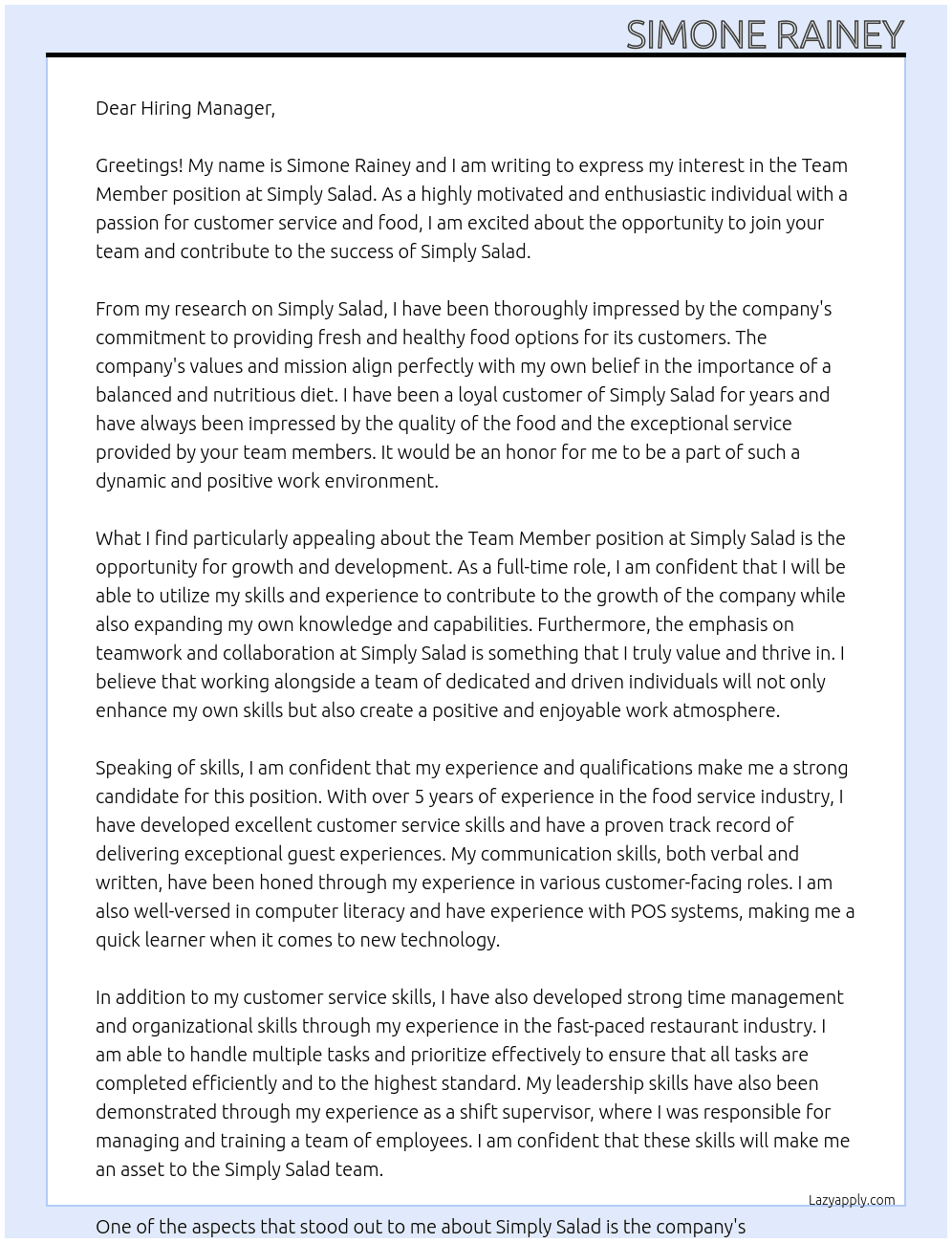 team member At Simply Salad  Cover Letter