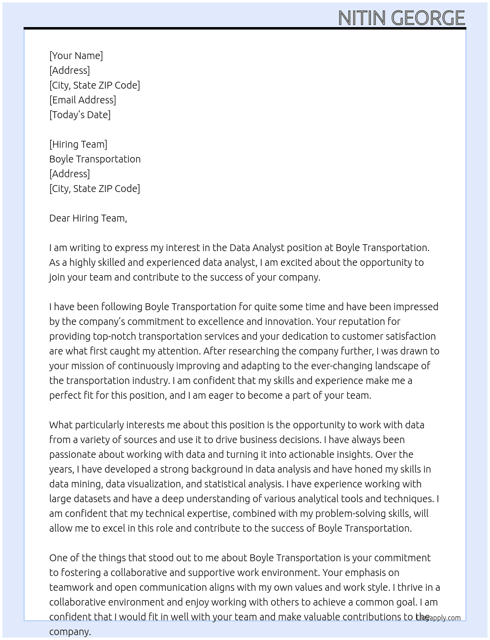 Data Analyst At Boyle Transportation Cover Letter