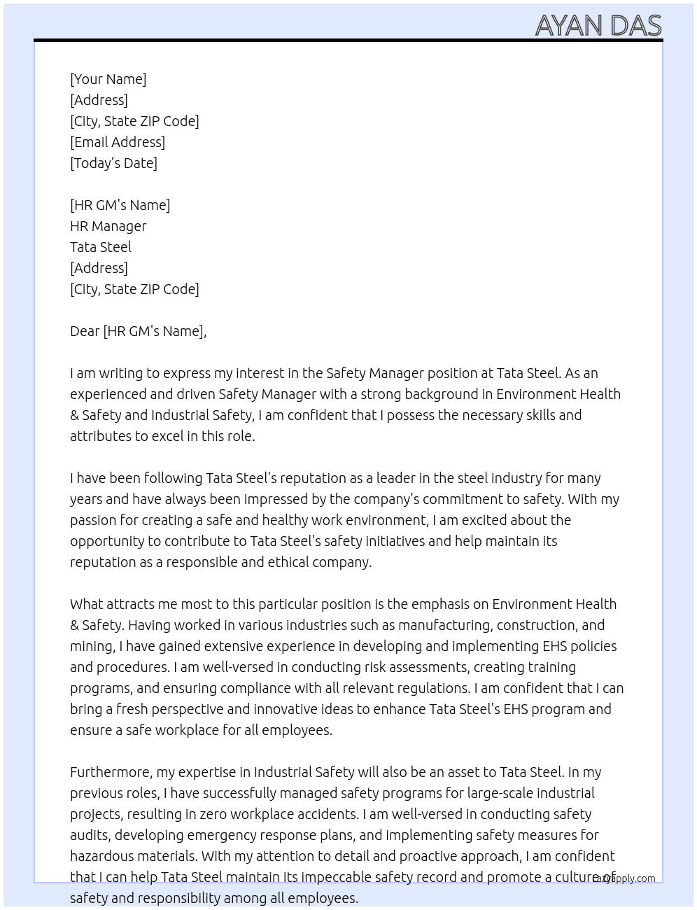 Safety Manager At Tata Steel Cover Letter