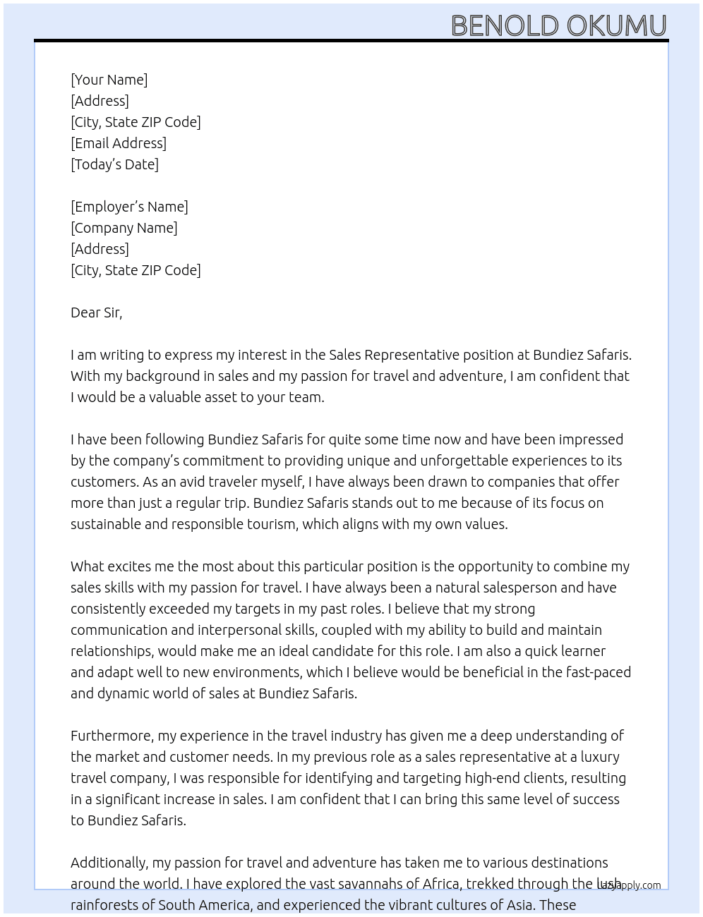 Sales Representative At Bundiez Safaris Cover Letter