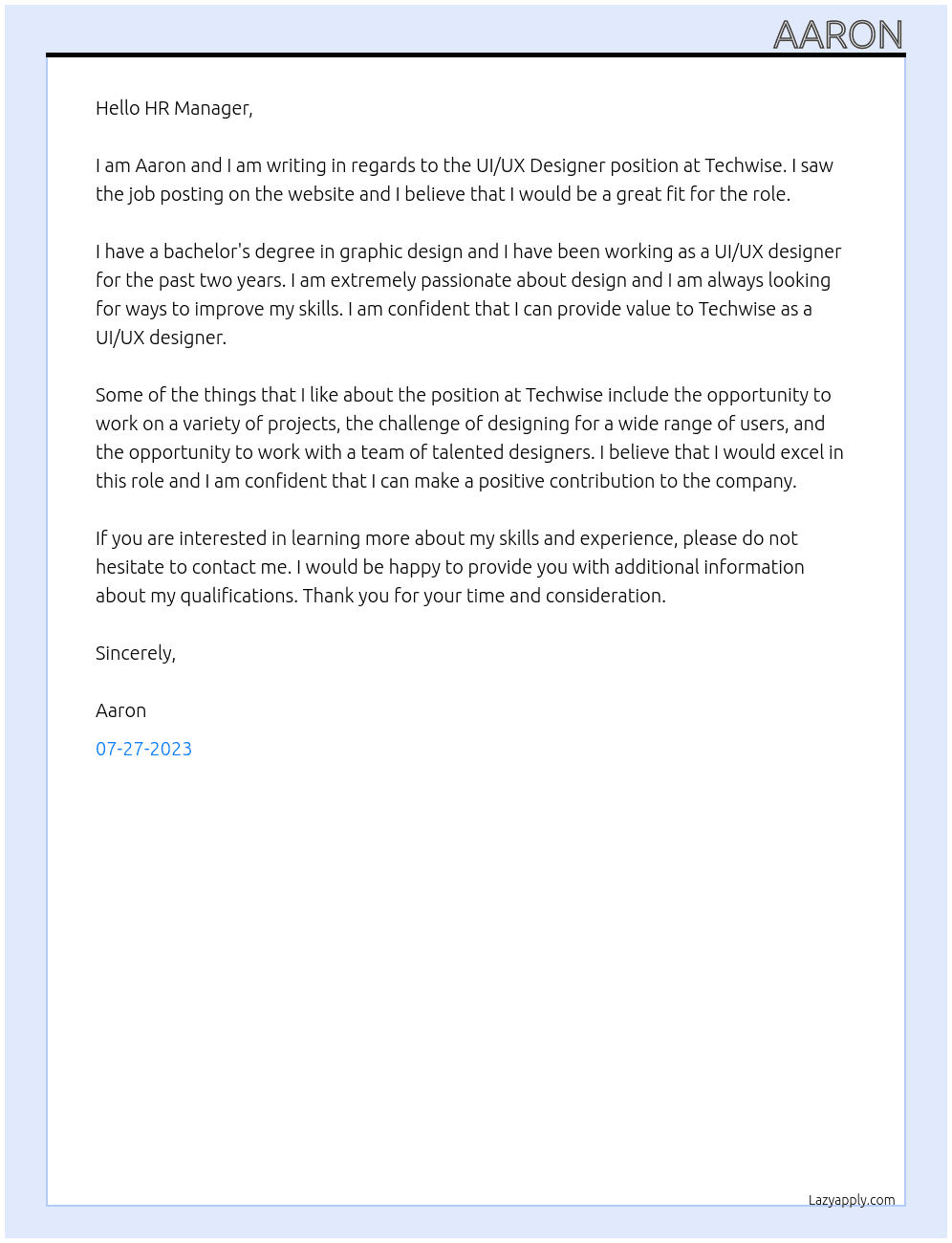 UI/UX Designer At Techwise Cover Letter