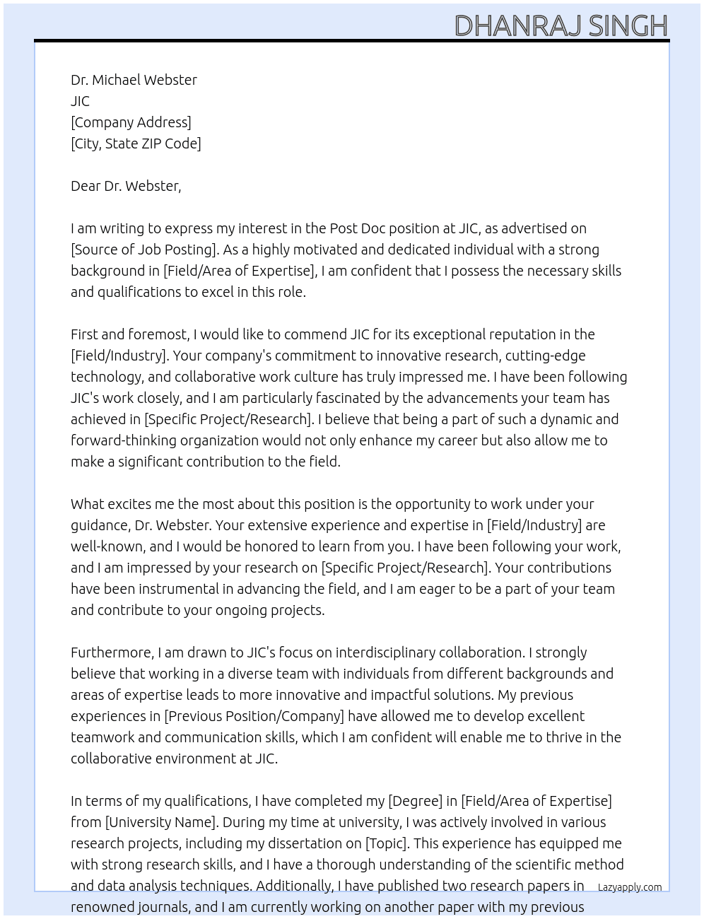 post doc  At JIC Cover Letter