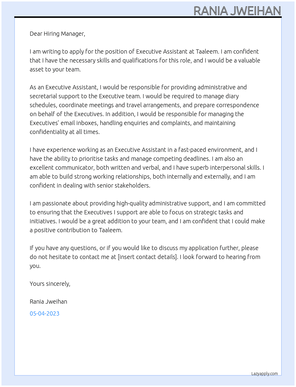 Executive Assistant At Taaleem Cover Letter