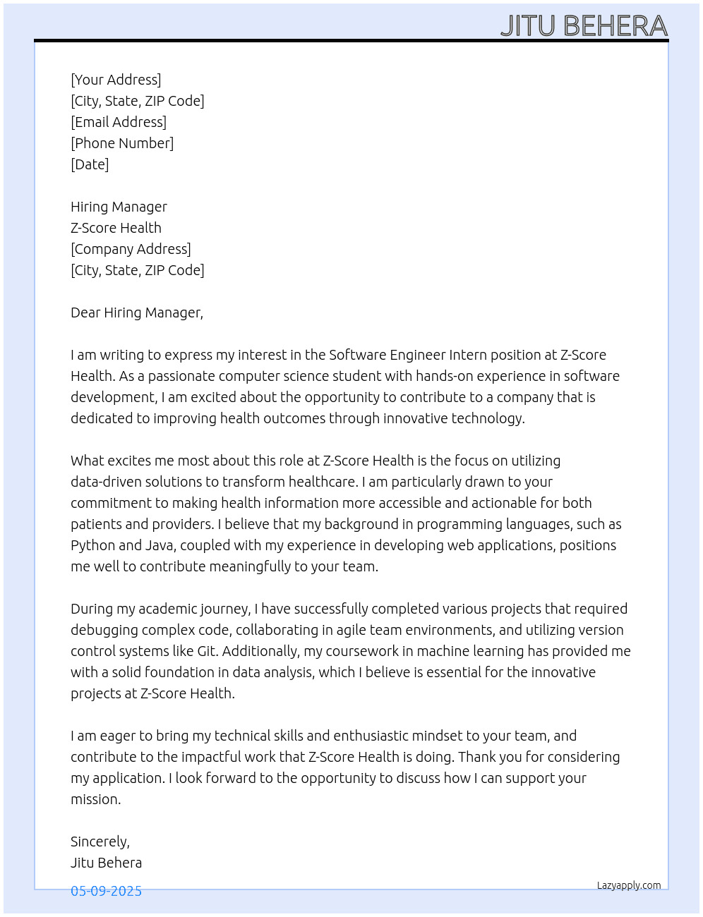 Cover letter for software engezineer intern - LazyApply