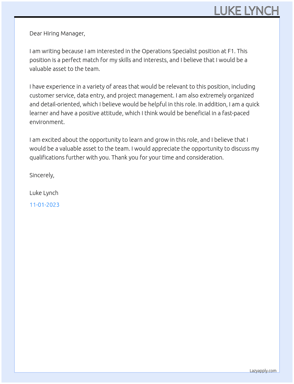Operations Specialist At F1 Cover Letter