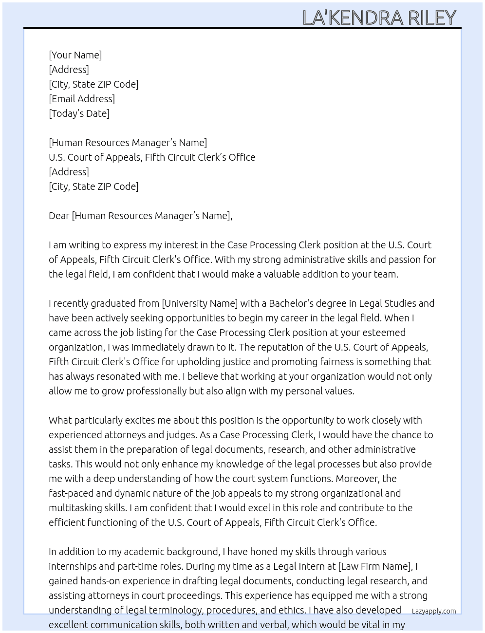 Case Processing Clerk At U.S. Court of Appeals, Fifth Circuit Clerk's Office Cover Letter