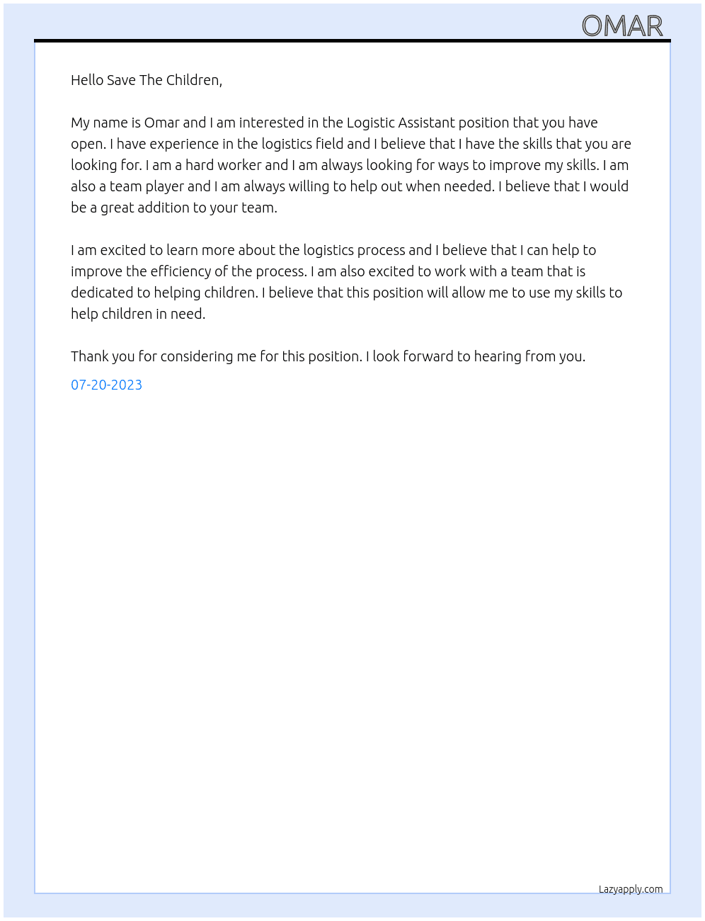 Logistic Assistant At Save The Children  Cover Letter