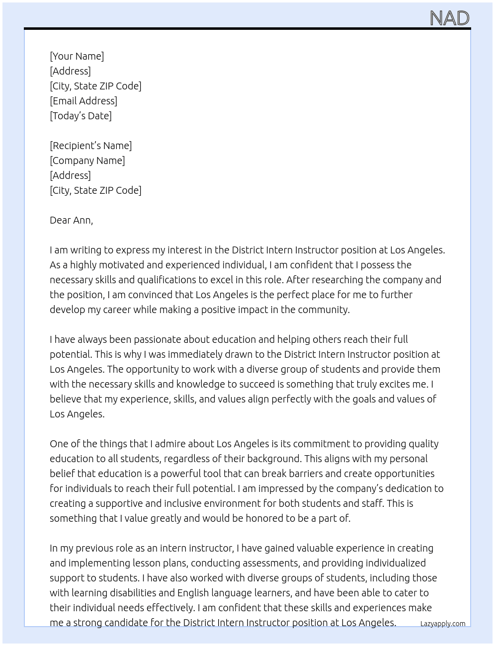 district intern instructor At los angeles  Cover Letter