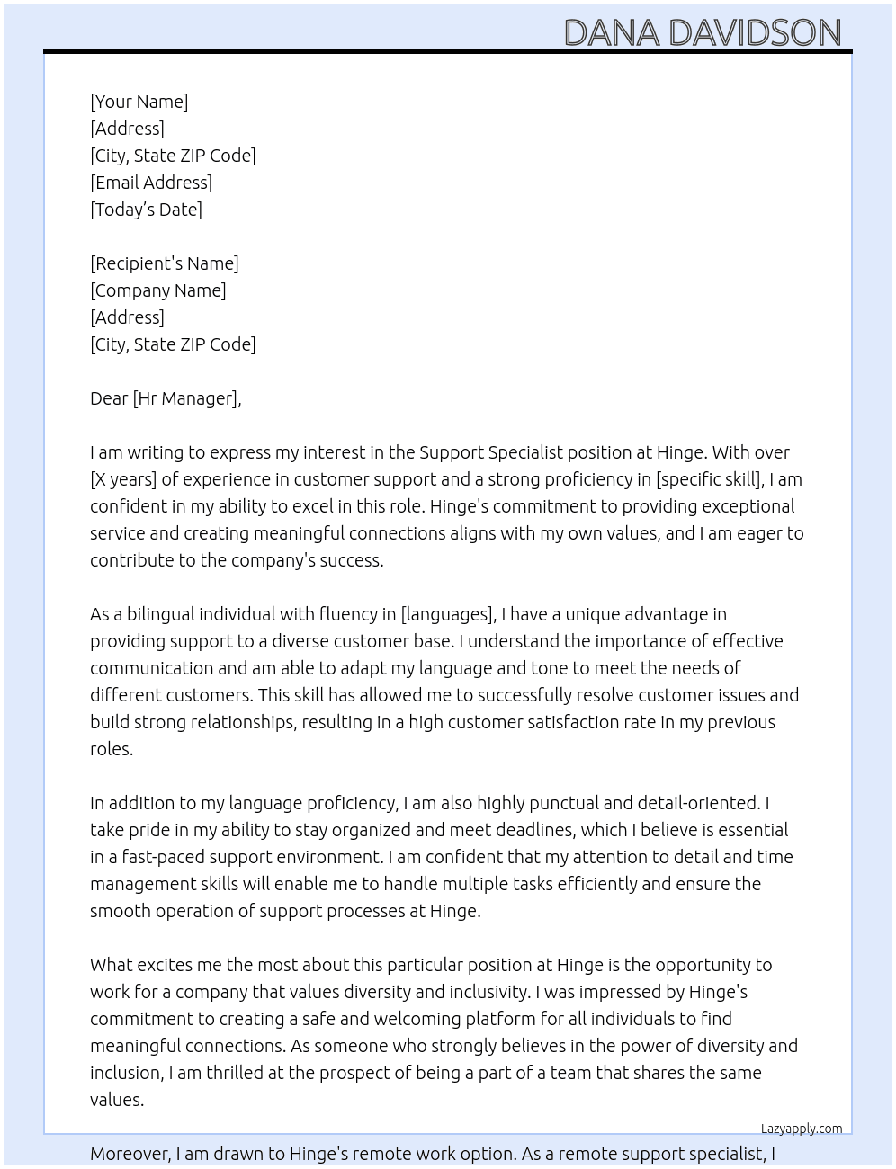 Support specialist  At Hinge Cover Letter