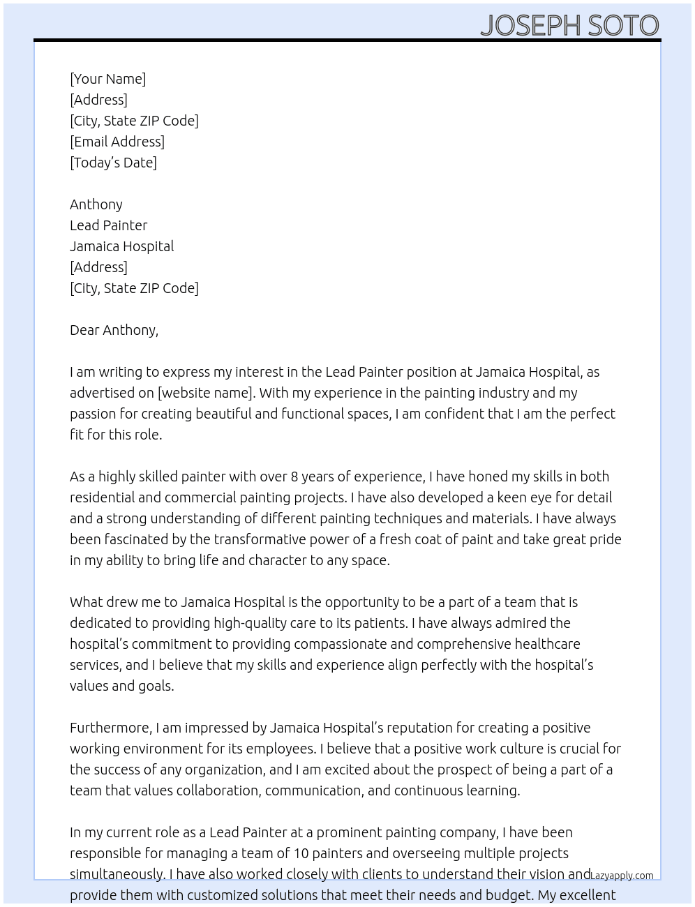 Lead painter At Jamaica Hospital  Cover Letter