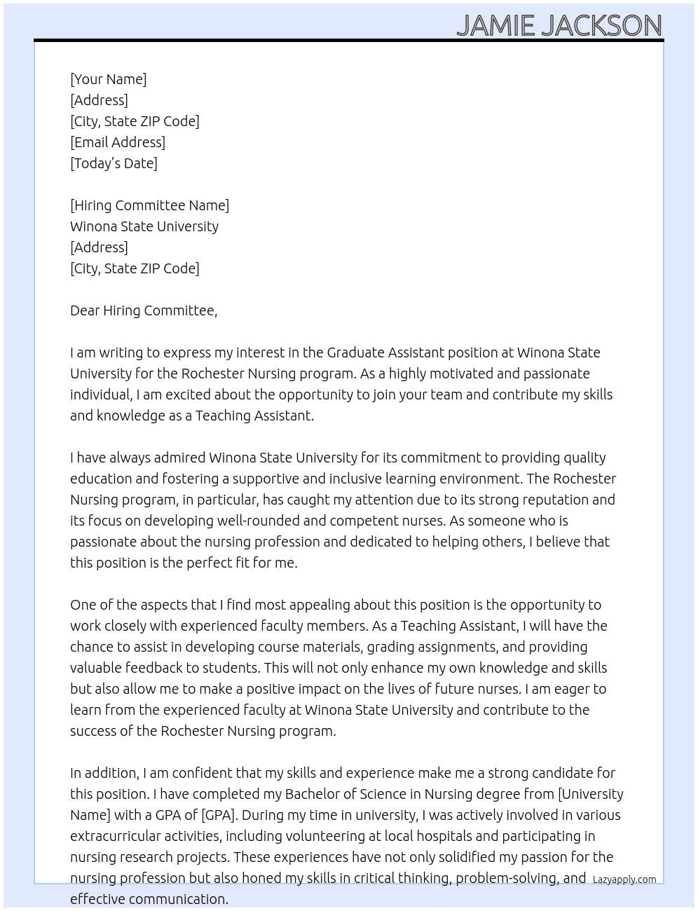 Graduate Assistant - Rochester Nursing - Teaching Assistant At Winona State University Cover Letter