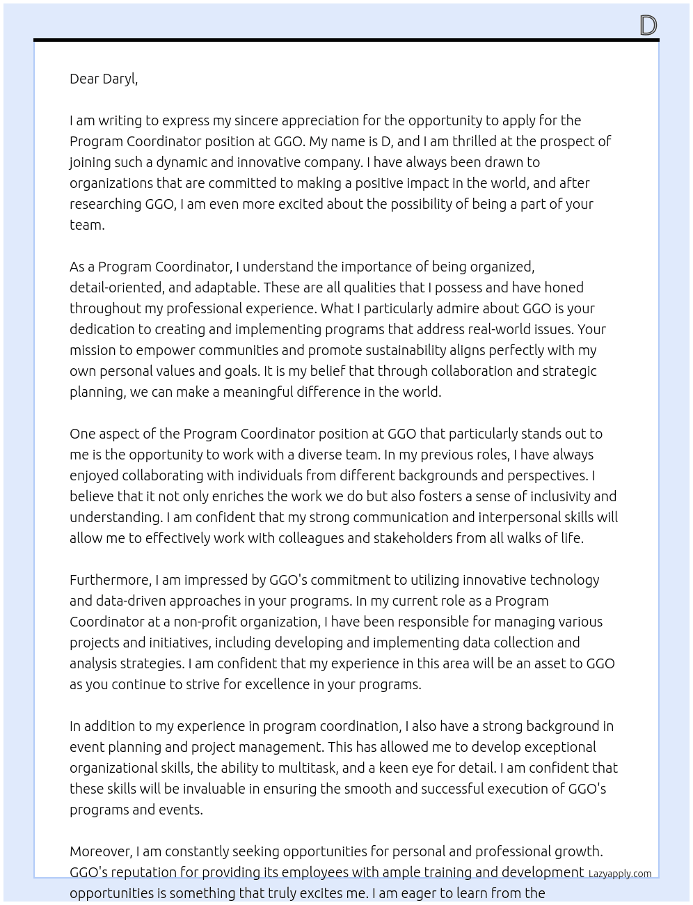 Program Coordinator At GGO Cover Letter