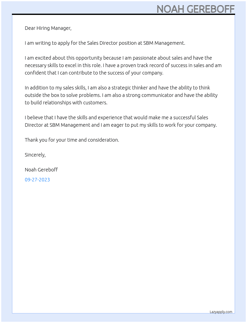 Sales Director At SBM Management Cover Letter