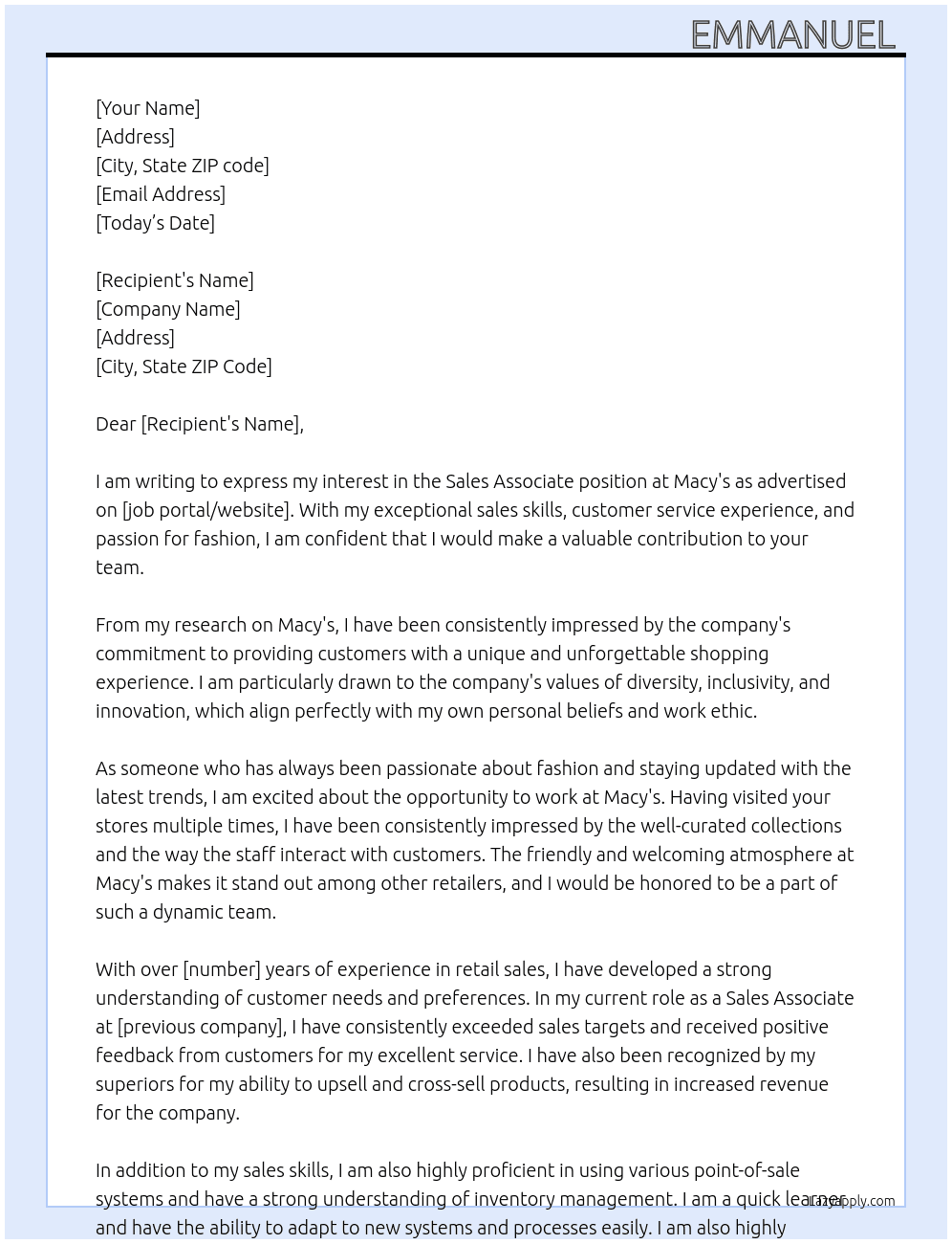Sales associate At Macy's  Cover Letter