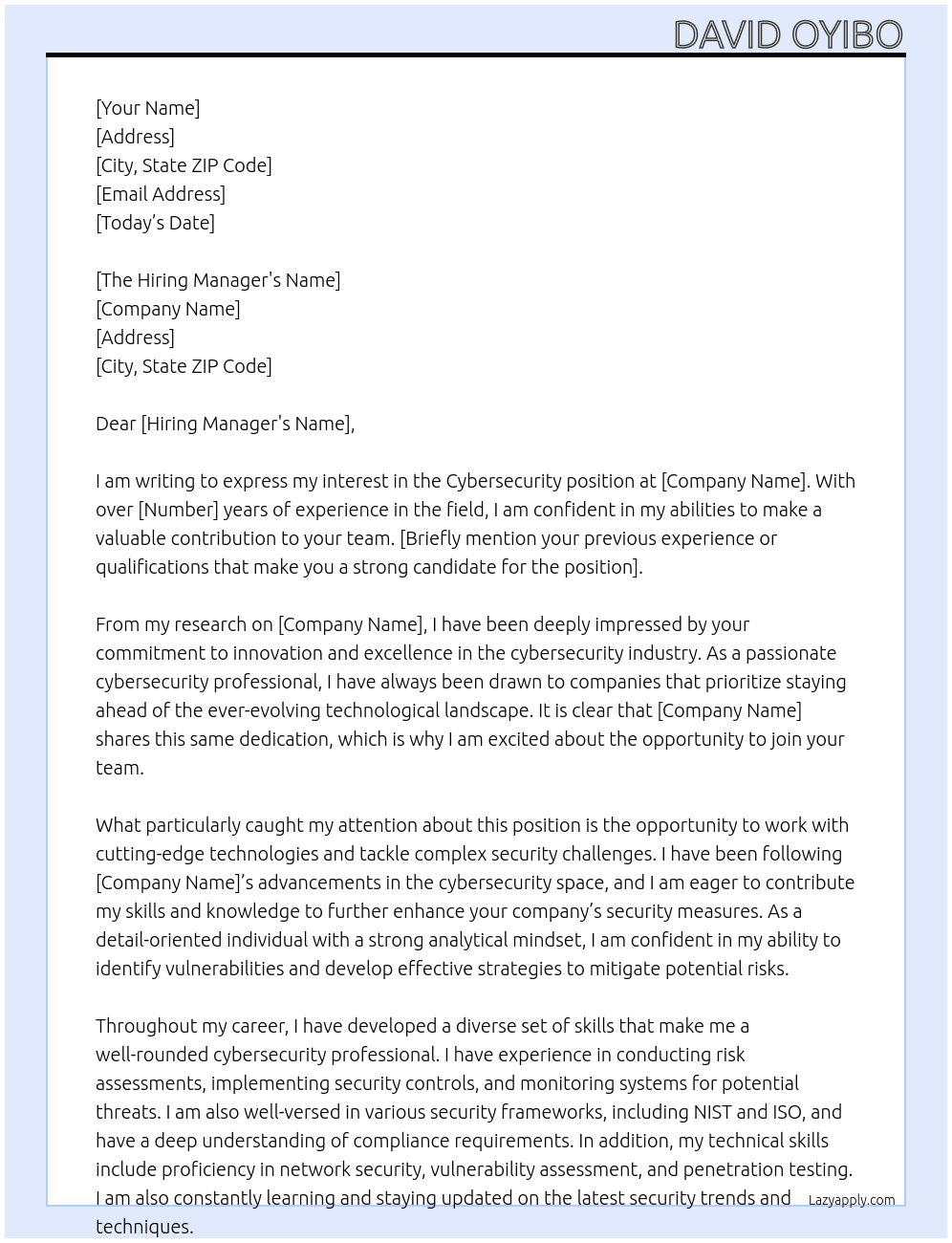 Cybersecurity At Company Cover Letter