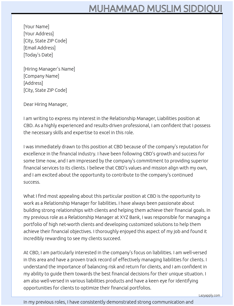 Relationship Manager, Liabilities At CBD Cover Letter