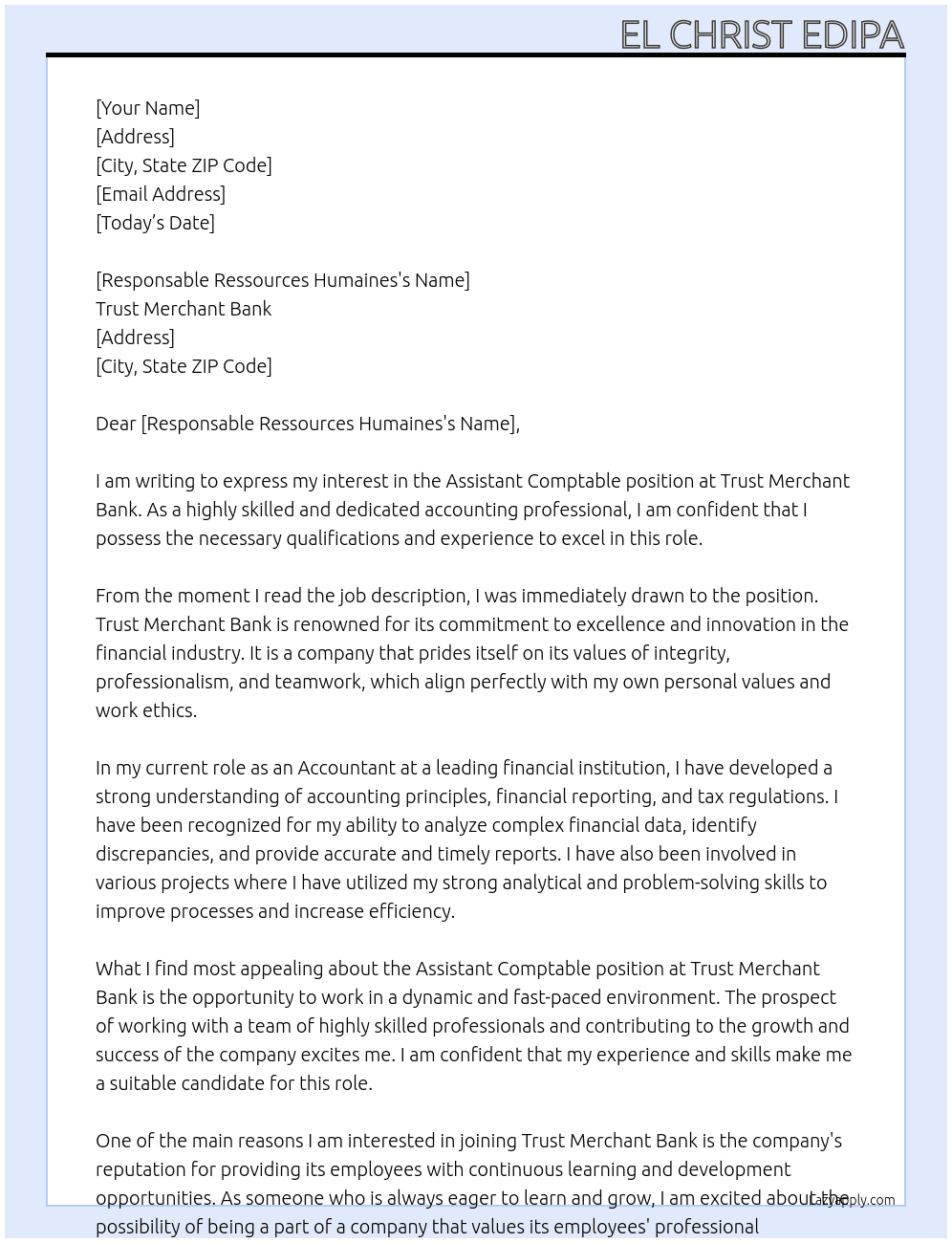 Assistant comptable  At Trust Merchant Bank Cover Letter