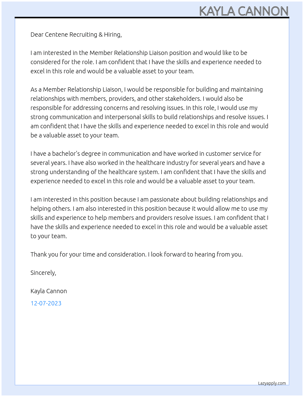 Member Relationship Liaison  At Centene Cover Letter
