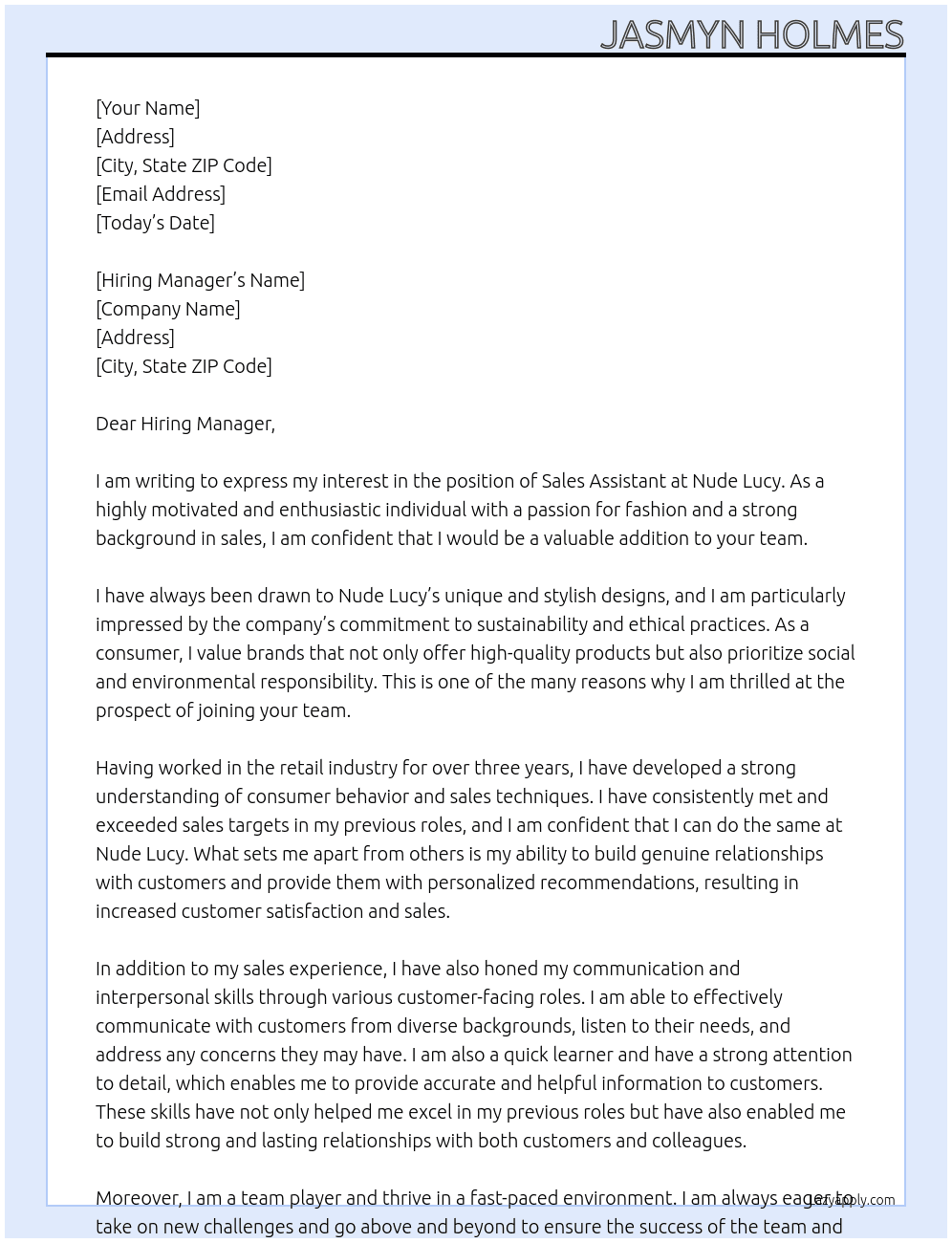 Sales assistant  At Nude Lucy Cover Letter