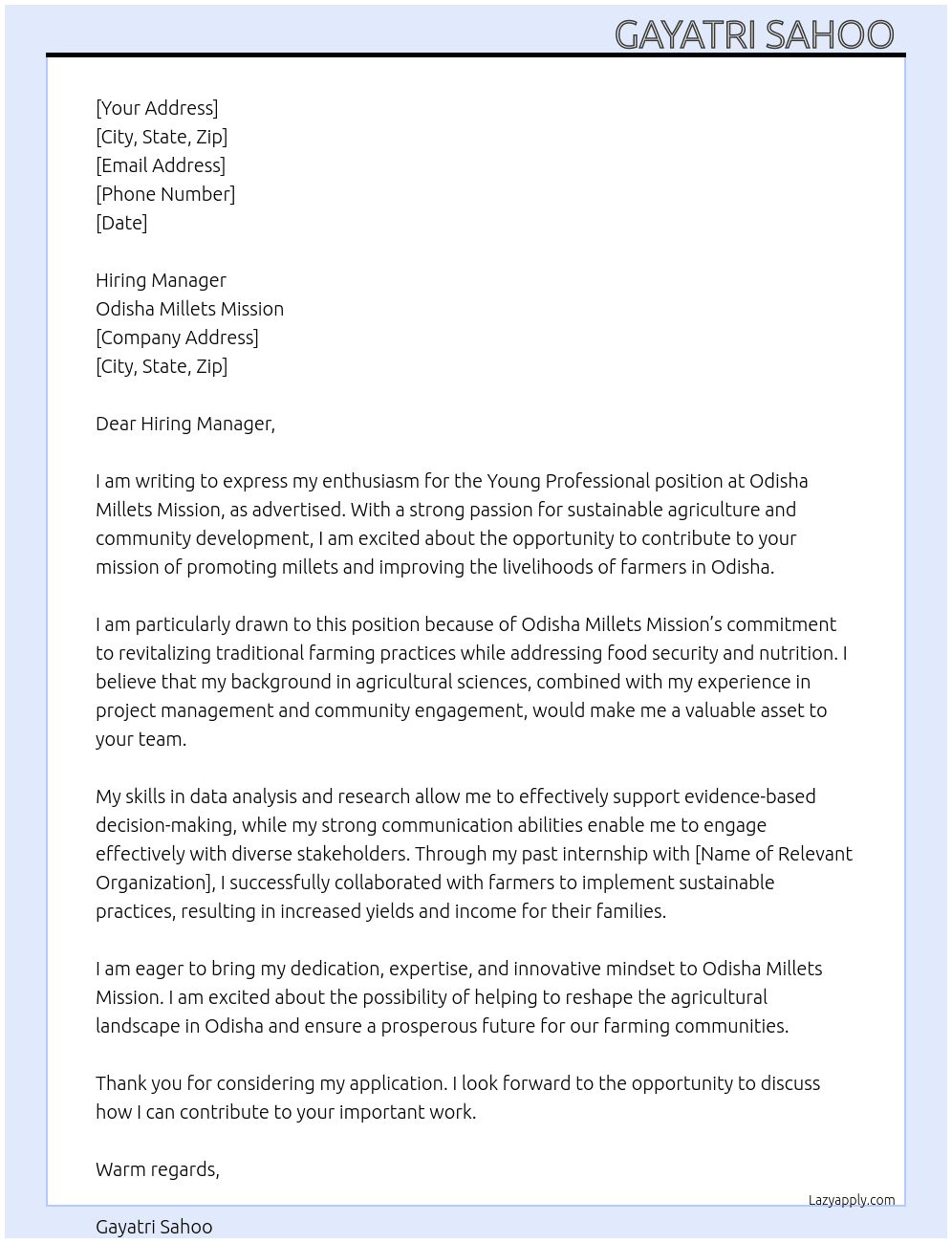Young professional  At Odisha millets mission  Cover Letter