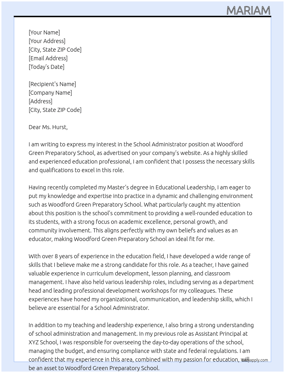 School Administrator At Woodford Green Preparatory School Cover Letter