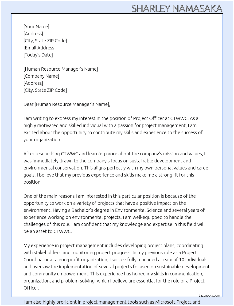Project Officer  At CTWWC Cover Letter