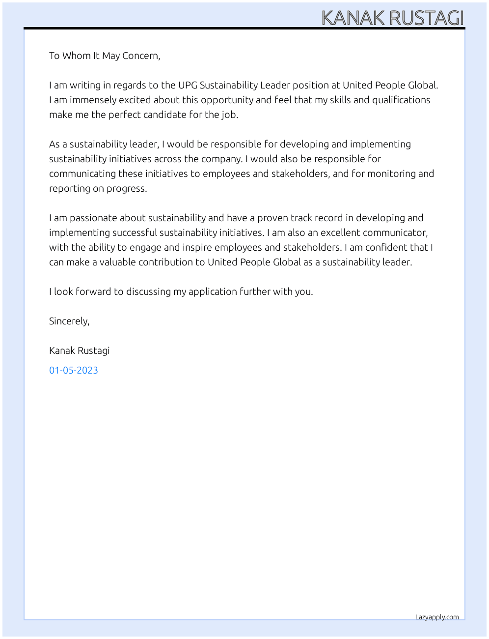 UPG Sustainibility Leader At United people global Cover Letter