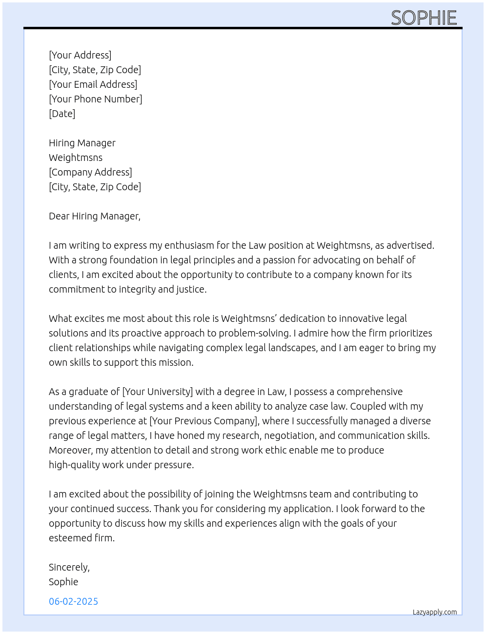 Law At Weightmsns Cover Letter