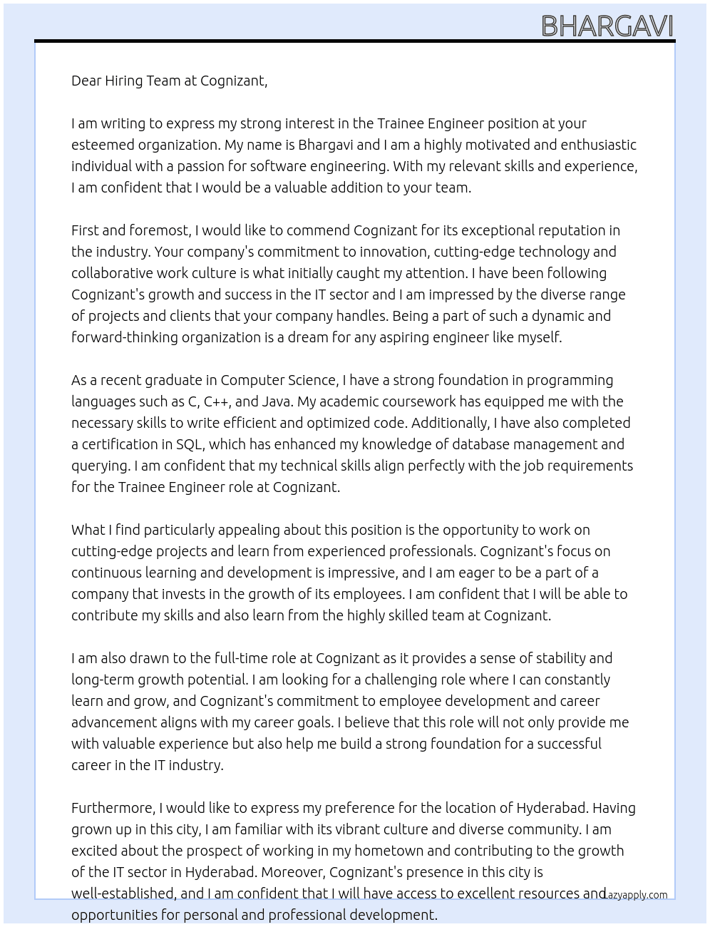 trainee engineer At cognizant Cover Letter
