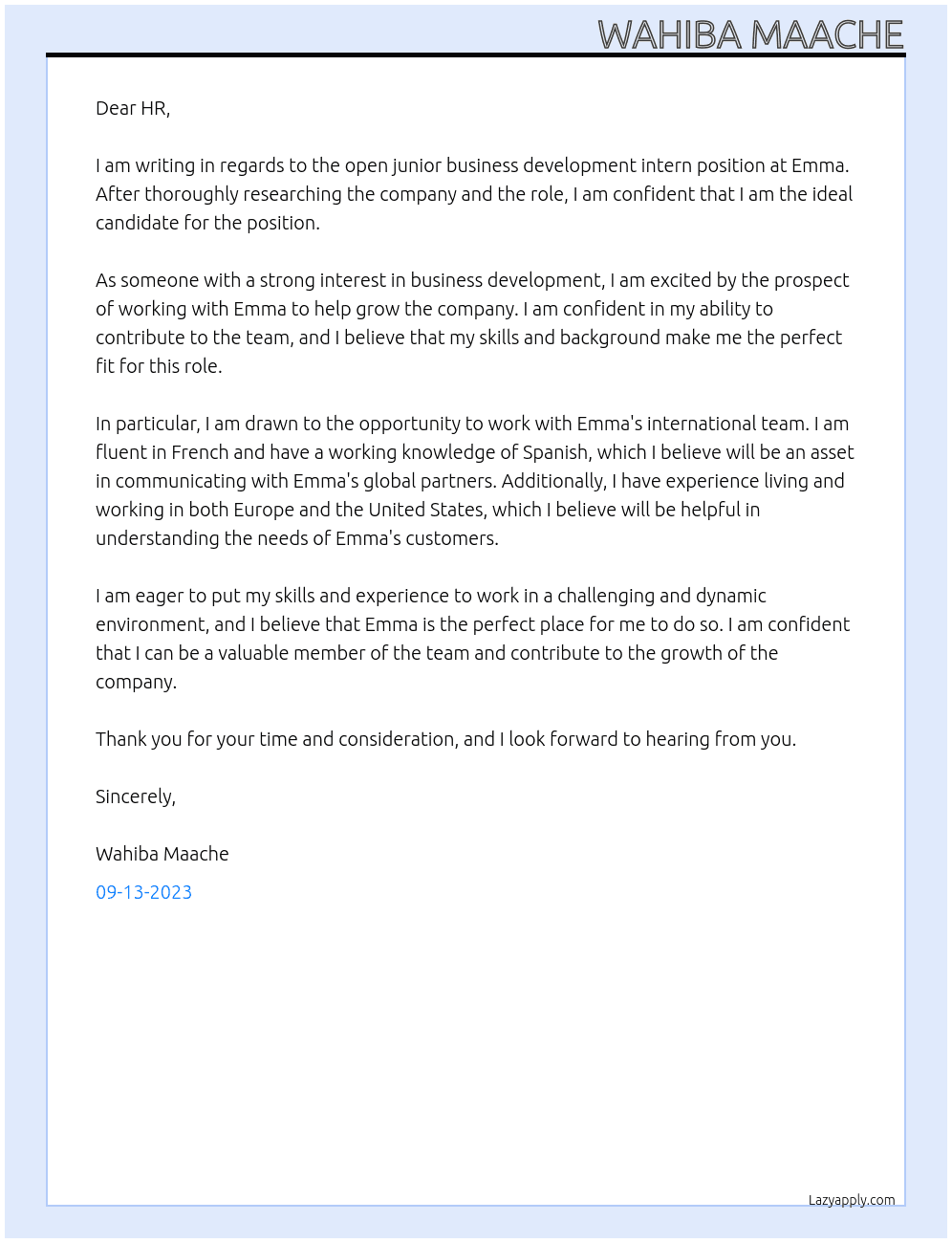 junior business development intern At Emma Cover Letter