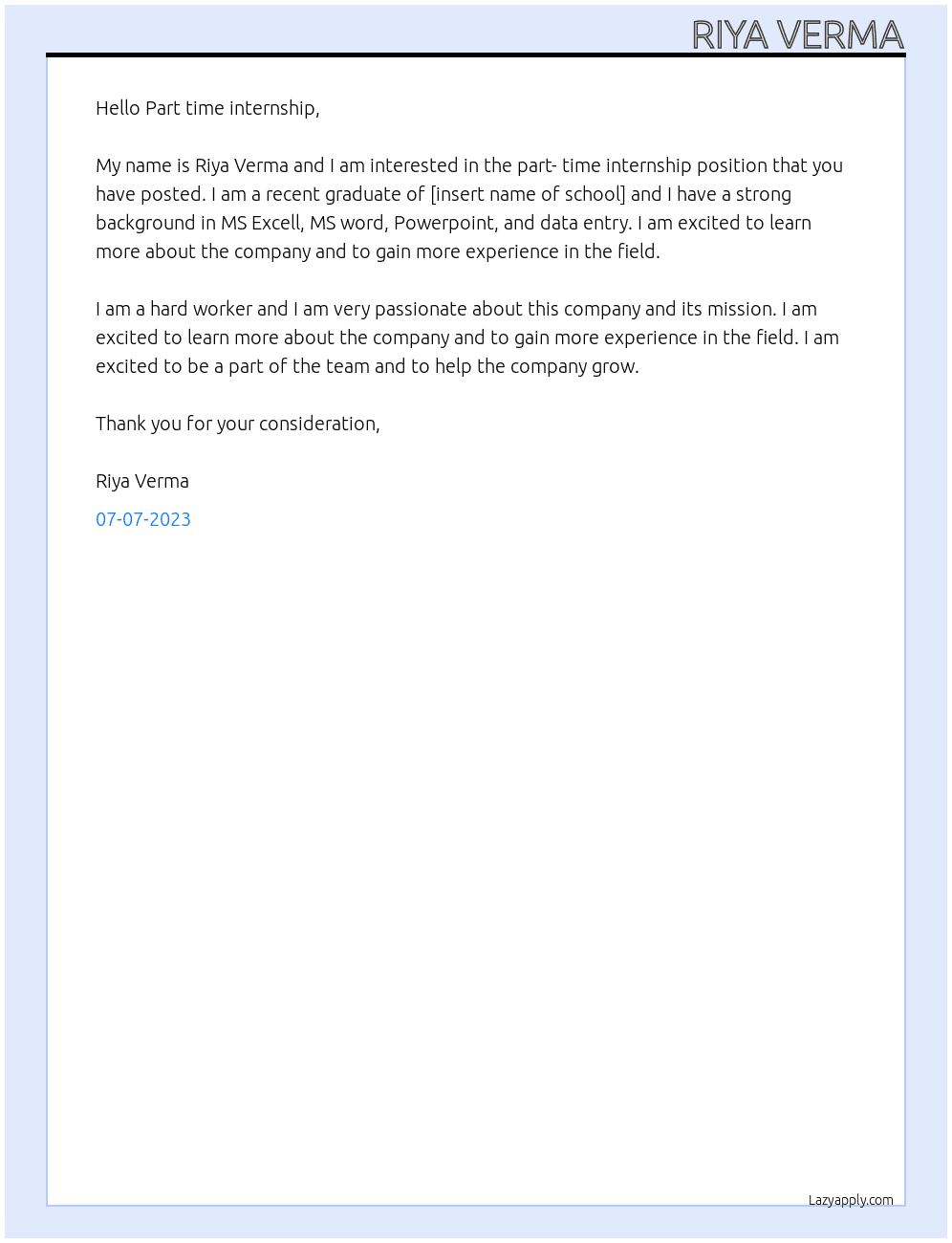 Myself At Part time internship Cover Letter