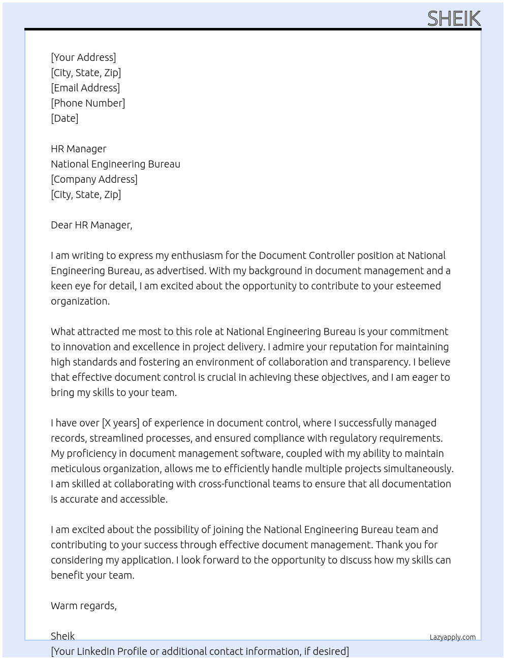 DOCUMENT CONTROLLER At NATIONAL ENGINEERING BUREAU Cover Letter
