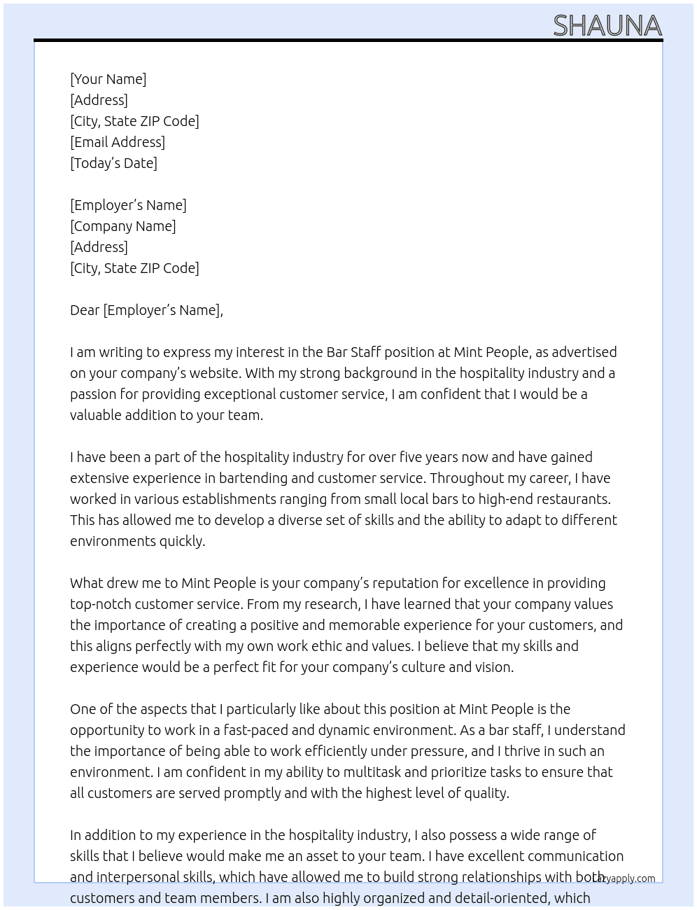 Bar Staff At Mint People Cover Letter