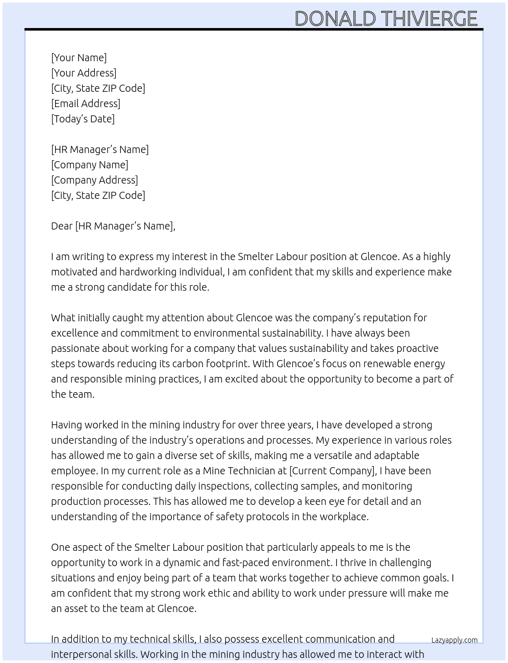 Smelter labour  At Glencoe  Cover Letter