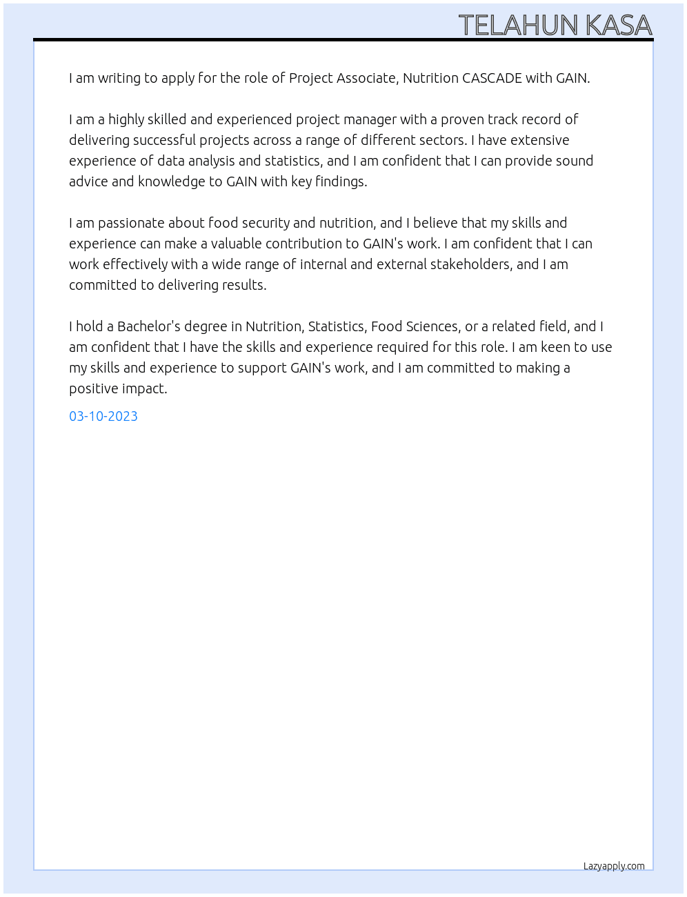 Project Associate, Nutrition CASCADE At GAIN Cover Letter