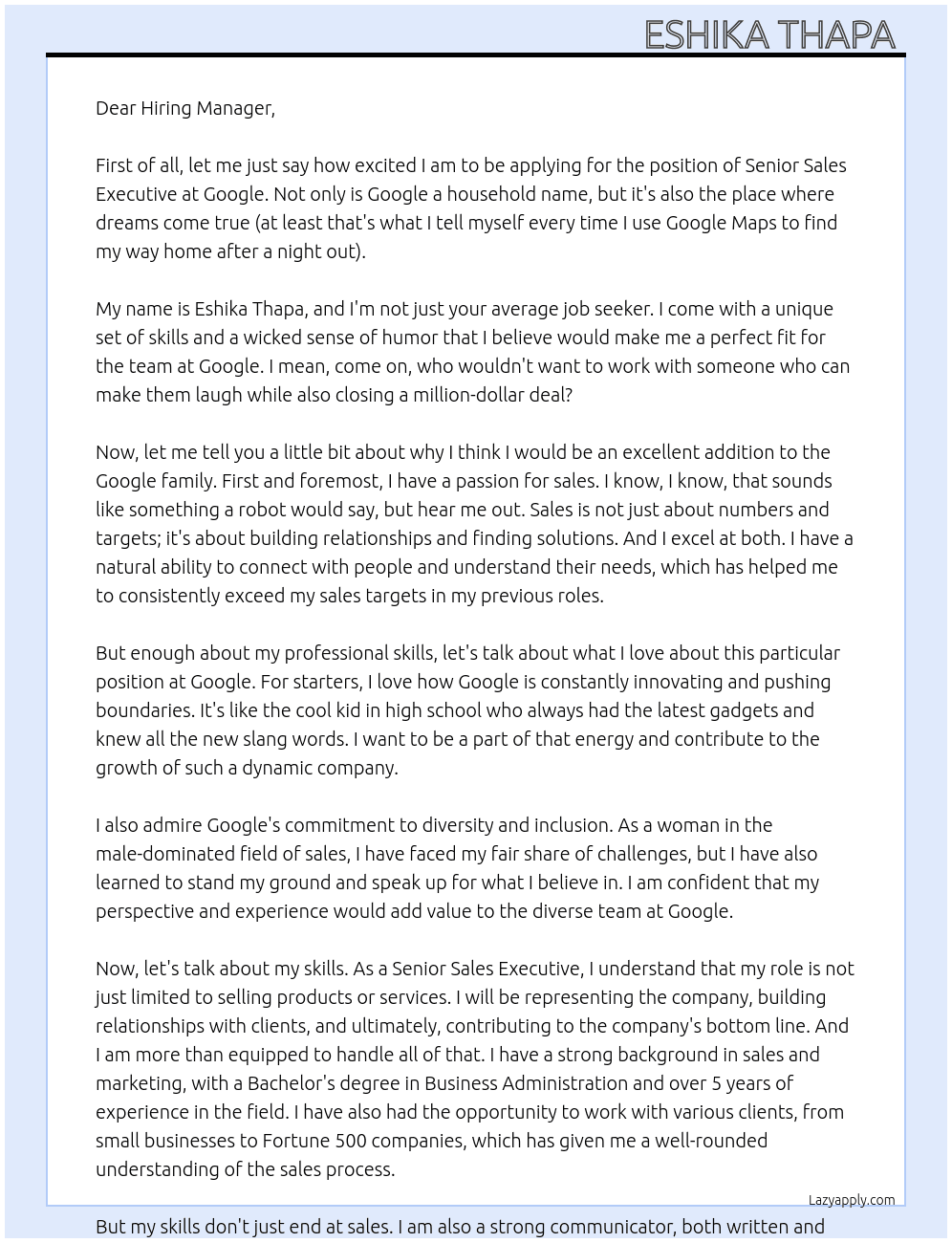Senior Sales Executive  At Google Cover Letter
