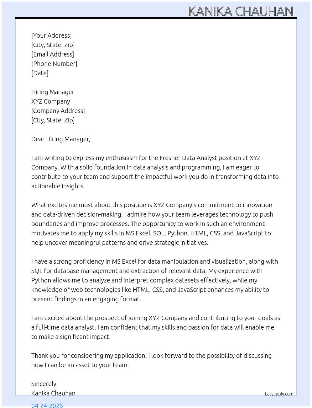 Cover letter for fresher data analyst - LazyApply