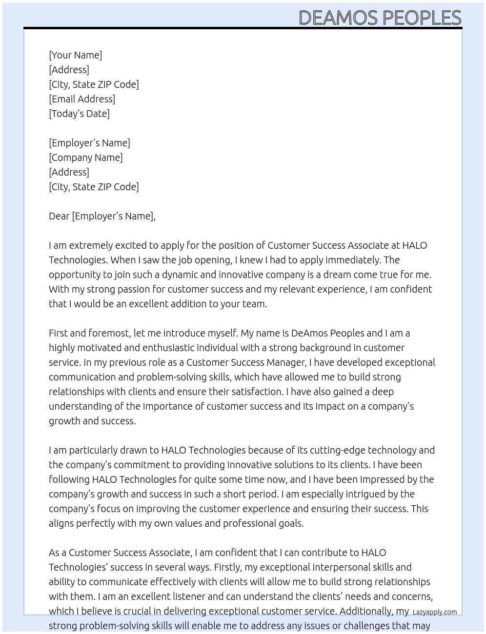 Customer Success Associate At HALO Technologies Cover Letter