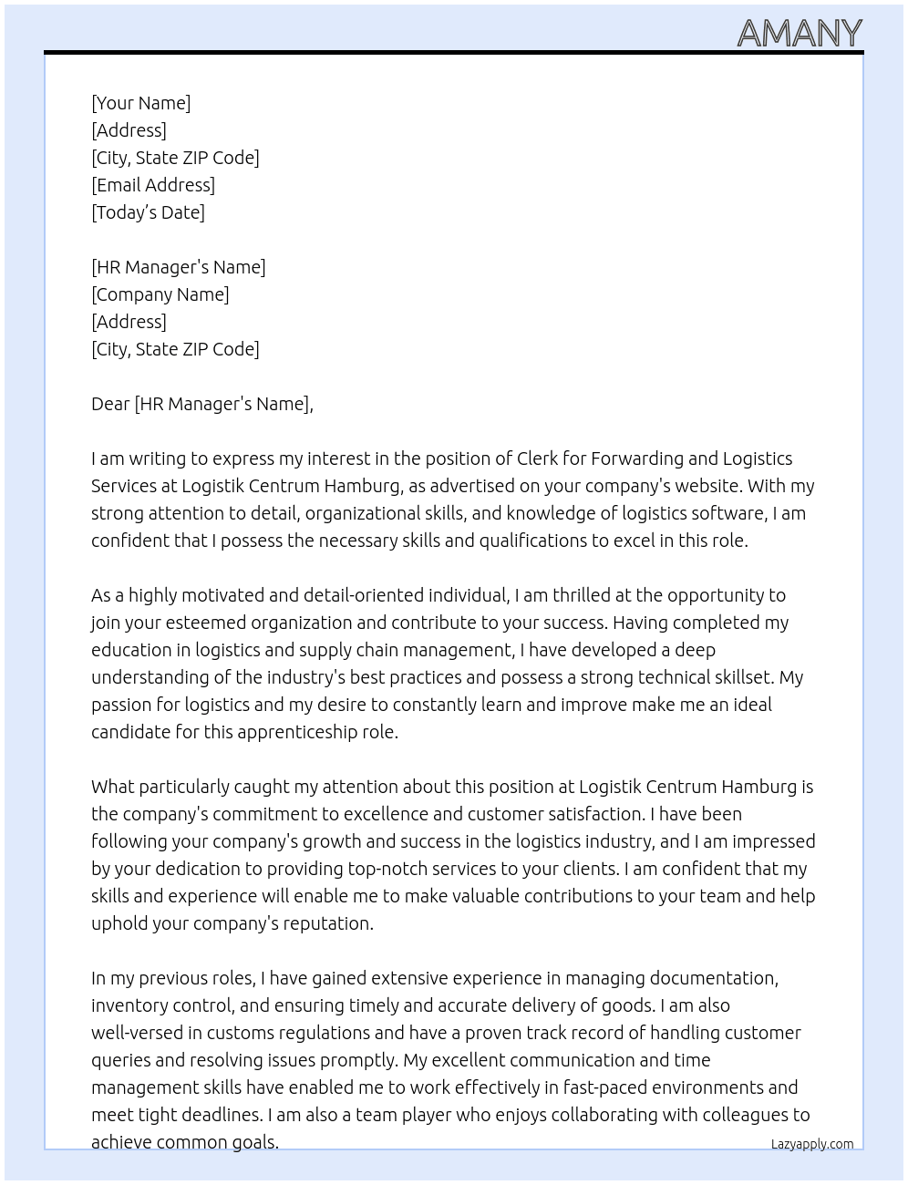 clerk for forwarding and logistics services At Logistik Centrum Hamburg Cover Letter