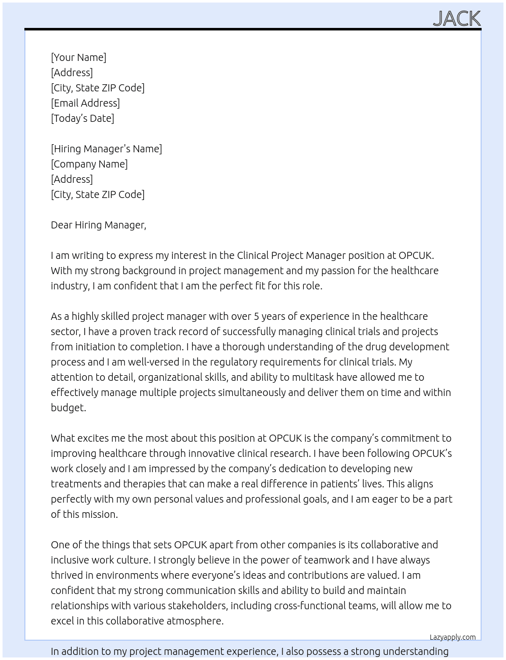 Clinical project manager  At OPCUK Cover Letter